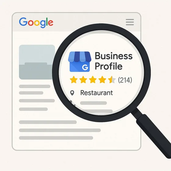 A business profile listing with star ratings, viewed through a magnifier
