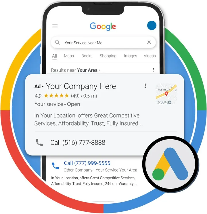 A phone showing a search results page with a sponsored listing at the top